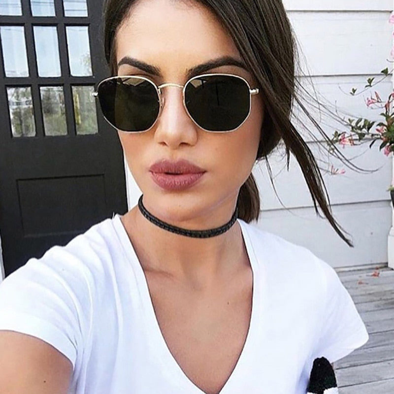 Hexagon Black Sunglasses Women Brand Small Square Frame Driving Fishing